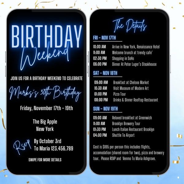 Men's Birthday Weekend Invitation.Digital Invite and Itinerary In Black and Neon Blue. Easy To Edit In Canva. Send By Text Message or Email.