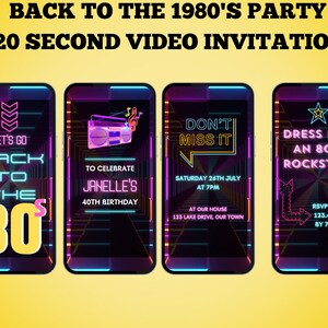 Back To The 80s Party Invitation. This 1980s Theme Birthday Invite Features Animated Neon With 80's Music Background. Simple To Edit. image 2