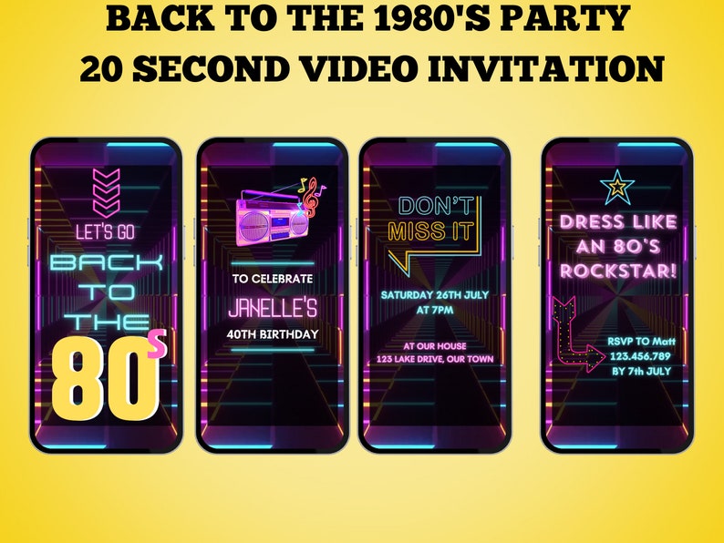Back To The 80s Party Invitation. This 1980s Theme Birthday Invite Features Animated Neon With 80's Music Background. Simple To Edit. image 2