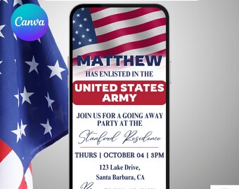Military Enlistment Farewell Party Invite. Digital National Guard, Navy, Marines, Army, Coast Guard, Space, Air Force Going Away Invite.
