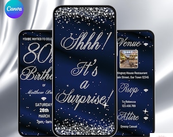 Surprise 80th Birthday Invite. Digital Men or Womens Eightieth Invite. Navy Blue and Silver Diamond Theme Eighty eVite. DIY Template.