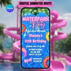 Invito di compleanno per ragazze al parco acquatico. Invito digitale per festa al parco acquatico rosa. Water Slide Splash eVite. Modello modificabile fai da te per bambini o adolescenti.