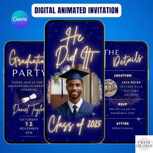 Invito per festa di laurea per ragazzi. Invito digitale per laureati blu navy classe 2025. Invito per laureati universitari maschili, scuola superiore fai da te eVite modificabile.