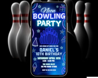 Neon Bowling Party Invitation. Digital Animated Blue Glow Bowling Invite. Boys Strike Up Some Fun Birthday eVite. DIY Editable Template.