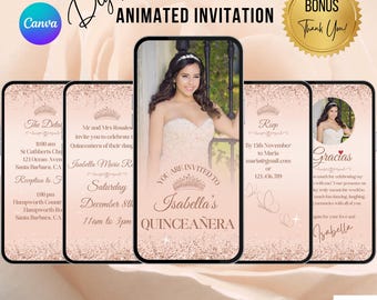 Rose Gold Quinceanera Invitation with Photo.  Digital Mis Quince Anos Birthday Invite. Elegant Modern eVite. DIY Editable Template.
