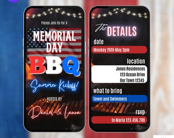 Memorial Day BBQ Invite. Digital Animated Red White and Blue Friends Family eVite. Summer Kick Off Cookout Party Invitation. DIY Template.