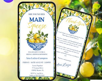 Main Squeeze Bridal Shower Invite. Digital Animated Lemon Mediterranean Theme Invitation. Brunch, Lunch or Garden Party eVite. DIY Template.