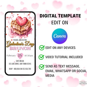 May include: A digital template for a Galentine's Day brunch invitation. The template features a pink heart-shaped waffle with a pink and white heart on top. The text on the template reads "Please join us for Galentine's Day Brunch" and includes the date, time, location, and RSVP information. The template is designed to be edited on Canva and can be sent as a text message, email, or social media post.