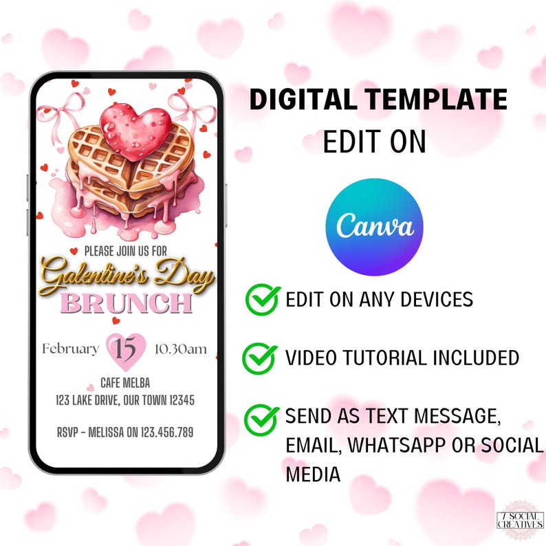 May include: A digital template for a Galentine's Day brunch invitation. The template features a pink heart-shaped waffle with a pink and white heart on top. The text on the template reads "Please join us for Galentine's Day Brunch" and includes the date, time, location, and RSVP information. The template is designed to be edited on Canva and can be sent as a text message, email, or social media post.