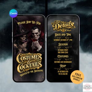 May include: A digital invitation template for a Halloween party featuring two smartphone screens. The left screen shows a witch and vampire holding cocktails with the text Costumes & Cocktails. The right screen lists event details including date, time, location, and RSVP information in gold lettering against a dark, smoky background.