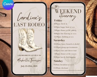 Letzte Rodeo Bachelorette Einladung Reiseplan. Digitale Nashville Cowgirl Western Braut zum einladen. Wochenend-Mädchenreise eVite. DIY-Vorlage.