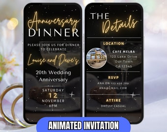 Anniversary Dinner Invitation. Digital Wedding Anniversary DIY Template in Black and Gold With Animated Champagne Background. Easy to Edit.