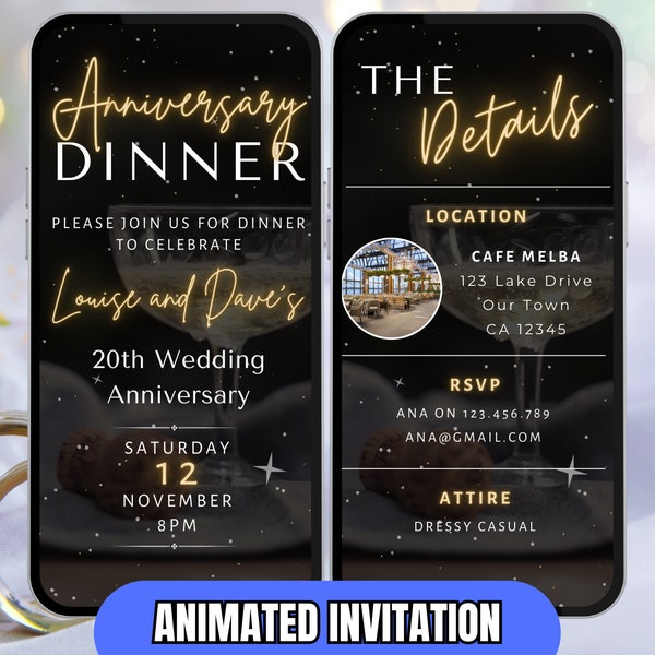 Anniversary Dinner Invitation. Digital Wedding Anniversary DIY Template in Black and Gold With Animated Champagne Background. Easy to Edit.