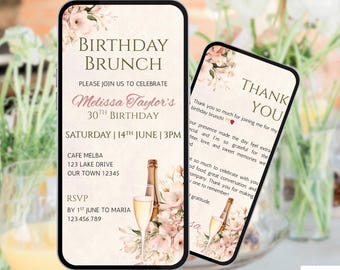 Invitation florale au brunch d'anniversaire. Animation numérique pour dames de tout âge, invitation à une fête. eVite femme élégante fleurs bohèmes. Modèle modifiable DIY.