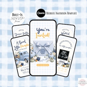 May include: A digital baby shower invitation template displayed on multiple smartphone screens. The design features a light blue gingham background, a blue truck, pumpkins, and an envelope with a bow. Text includes You're Invited, A Sweet Little Pumpkin, and Built-In RSVP form.