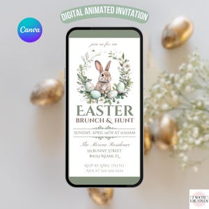 Easter Brunch and Hunt Invitation. Digital Animated Bunny Easter Egg Invite. Kids or Family Green Rabbit Party eVite. DIY Editable Template.