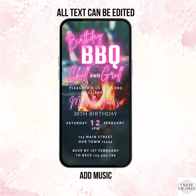 May include: A smartphone displaying a digital birthday BBQ invitation with neon pink text reading Birthday BBQ Chill and Grill, Michelle Jone's 30th Birthday, date, time, location, and RSVP details over a background image of glowing charcoal embers.