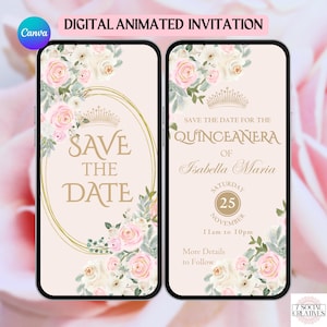 Könnte beinhalten: Digitale animierte Einladung auf einem Smartphone-Bildschirm. Das Design zeigt einen hellrosa Hintergrund mit Blumenarrangements aus rosa und weißen Rosen. Der Text enthält "Save the Date" und Details für eine Quinceañera.