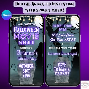 Halloween Movie Night Birthday Invitation. Digital Animated Scary Horror Party Invite with Spooky Music. Girls Purple eVite. DIY Template.