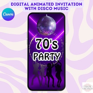 70s Party Invite. Digital Disco Ball Birthday Invitation With Music. Men or Womens Animated 1970s Retro eVite. DIY Editable Template.