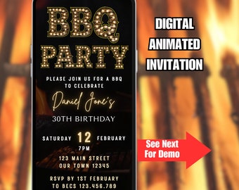 BBQ Party Invite For Men or Ladies. Digital Animated Backyard Barbeque Invitation. Birthday Grill Phone eVite. DIY Editable Template.