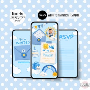 May include: A digital website invitation template for a first birthday party featuring a light blue background with white polka dots. The design includes illustrations of a blue envelope, a birthday cake, a sun, a rainbow, and a photo of a child.