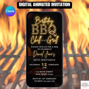 Digitale Grill-Geburtstagseinladung.  Animierte Barbeque Party einladen.  Herren oder Damen Rustikal Chill and Grill eVite.  DIY bearbeitbare Vorlage.