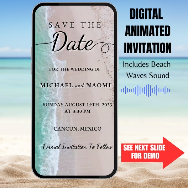 Beach Wedding Save The Date Video Invitation. Digital Animated Destination Wedding Invite with Waves Sound.  DIY Easy To Edit Template.
