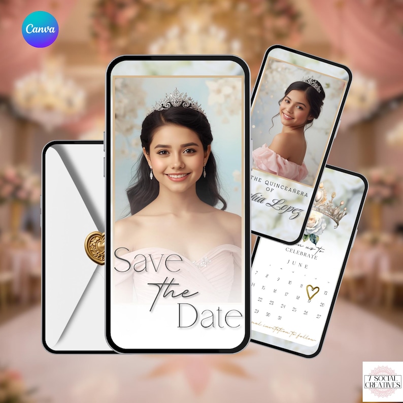 May include: A collection of digital invitations for a quincea&ntilde;era. The main image features a young woman in a tiara, with the text "Save the Date." Other images include a photo of the woman and a calendar. The color scheme is soft pink and gold.