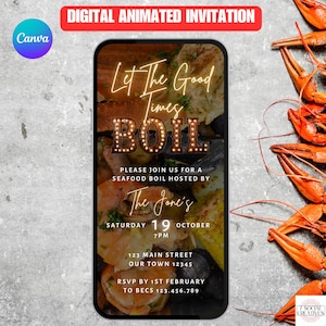 Könnte beinhalten: Digitale Einladung zu einem Seafood-Boil mit dem Text "Let The Good Times Boil" im Stil einer Vintage-Leuchtreklame. Die Einladung enthält Datum, Uhrzeit und Ort der Veranstaltung.