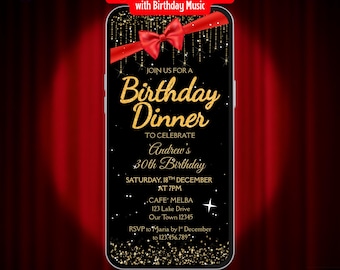 Digital Black and Gold Birthday Dinner Invitation with Music. Animated Men or Womens Any Age Dinner Party Invite. DIY Tenplate.
