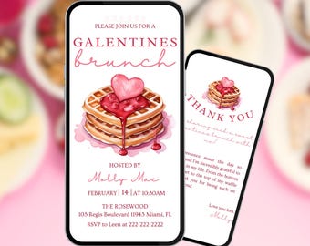 Galentines Brunch Invitation with Thank You. Digital Pink Waffle Theme Girls Valentines Day Party Invite. Friends eVite. Send by Phone.