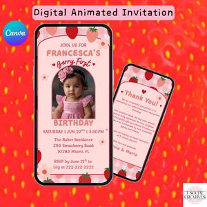 Berry First Birthday Invite with Photo. Cute Fun Digital Girls 1st Party Invite. Pink Strawberry Chequered eVite. DIY Editable Template