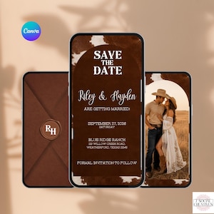 May include: Three smartphones displaying a digital save the date invitation with a brown cowhide pattern. The center screen features the text SAVE THE DATE, Riley & Hayden, September 27, 2026, and Blue Ridge Ranch, Weatherford, Texas 12345.