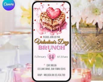 Valentine's Day Brunch Invitation. Digital Girls Valentines Party Invite. Pink Waffle Ladies Friends Brunch eVite. DIY Editable Template