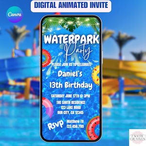 Invito di compleanno al parco acquatico. Invito digitale alla festa al parco acquatico. Scivolo acquatico Splash eVite per ragazzi o ragazze. Modello modificabile fai da te per bambini o adolescenti.