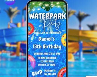 Waterpark Birthday Invitation. Digital Water Park Party Invite.  Boys or Girls Water Slide Splash eVite. Kids or Teen DIY Editable Template.