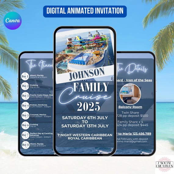 Family Cruise Itinerary Invitation.  Digital 2025 Family Reunion Trip Invite. Vacation Planner.  Holiday eVite. DIY Editable Canva Template.