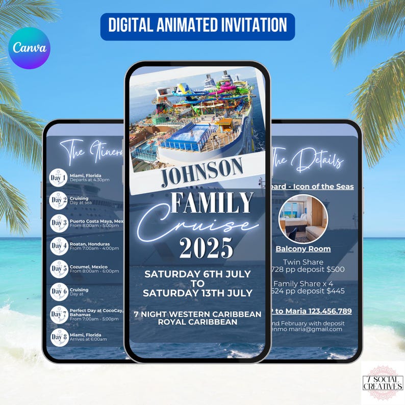 Family Cruise Itinerary Invitation. Digital 2025 Family Reunion Trip Invite. Vacation Planner. Holiday eVite. DIY Editable Canva Template. image 1