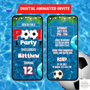 Digitale Fußball-Party-Einladung. Animierte Sport-Sommer-Geburtstag einladen. DIY bearbeitbare Vorlage. Einfach zu bearbeiten, Alter ändern, Farben.