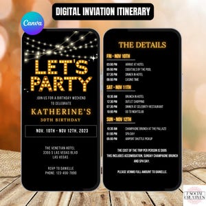 Digital Birthday Weekend Itinerary Invitation. Getaway Girls or Boys Las Vegas or other Destination Invite. Simple Fun eVite. DIY Template.