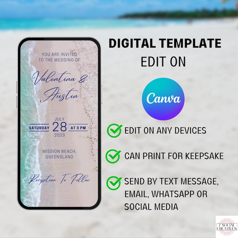 Destination Wedding Invitation. Digital Animated Beach Tropical Wedding Invite with Waves. DIY Editable Template. image 4