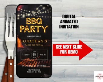 BBQ Party Invitation.  Marquee Lights Barbeque Digital Invite, Perfect For Any Birthday, or Occasion. Video Evite With Grill and Flames.