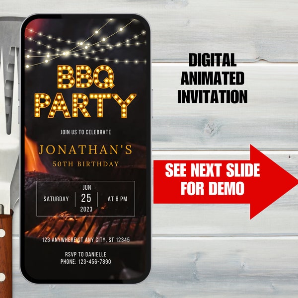 BBQ Party Invitation.  Marquee Lights Barbeque Digital Invite, Perfect For Any Birthday, or Occasion. Video Evite With Grill and Flames.