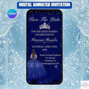 Blue and Silver Quinceañera Save The Date Invite. Digital Animated Mis Quince 15 Años Invitation. Elegant Tiara Theme. DIY Editable Template