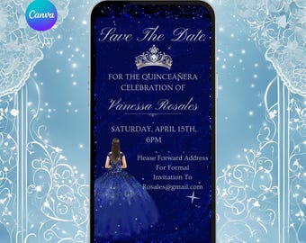 Blue and Silver Quinceañera Save The Date Invite. Digital Animated Mis Quince 15 Años Invitation. Elegant Tiara Theme. DIY Editable Template