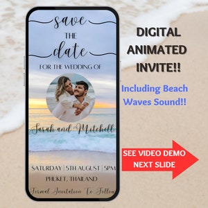 Animated Sunset Beach Save The Date Digital Invite with Photo. Complete With Beach Waves Sound. DIY Editable Template. Easy To Edit and Send