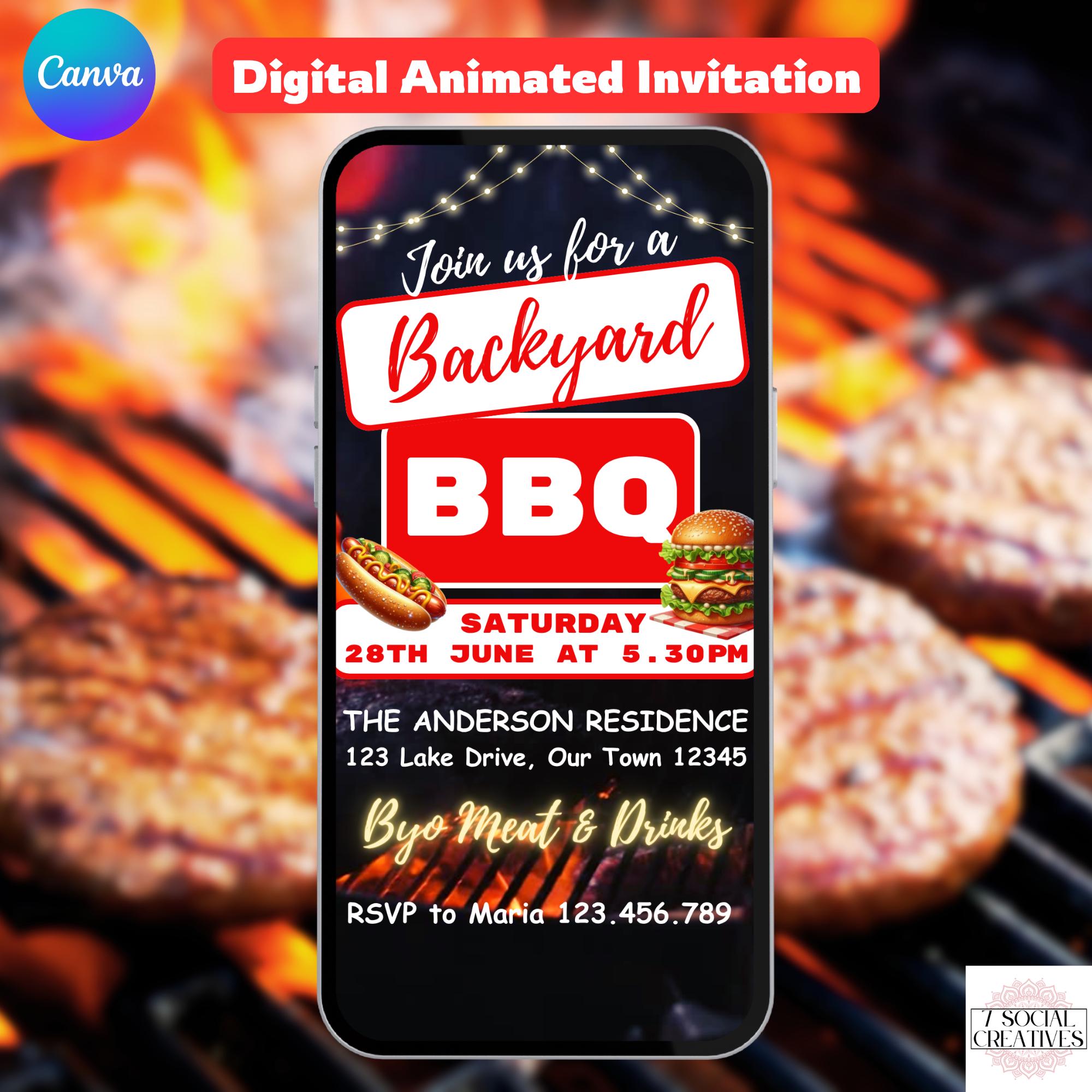 Backyard BBQ Invitation. Digital Animated Friends or Family Summer Barbeque Party Invite. Black with Flames Any Occasion DIY Template.