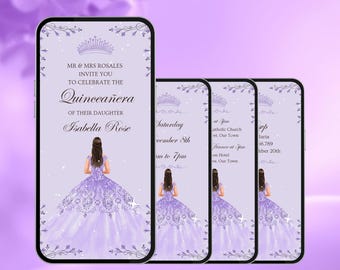 Purple Lilac Quinceañera Invitation. Digital Animated Mis Quince 15 Anos Invite. Girls 15th Party Lavender eVite. DIY Editable Template.