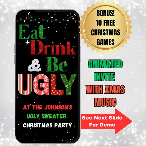 Ugly Sweater Party Invitation.  Digital Video Invite template With Xmas Music.  Colorful and Fun For A Adult or Family Event.  Easy To Edit.